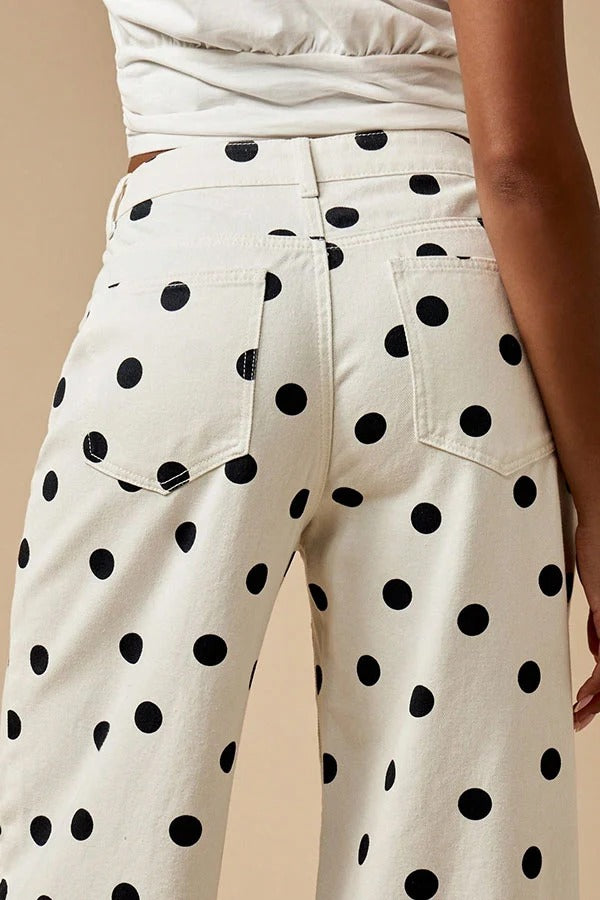 Retro Style Polka Dot Print High Waist Pocketed Wide Leg High Waisted Jeans