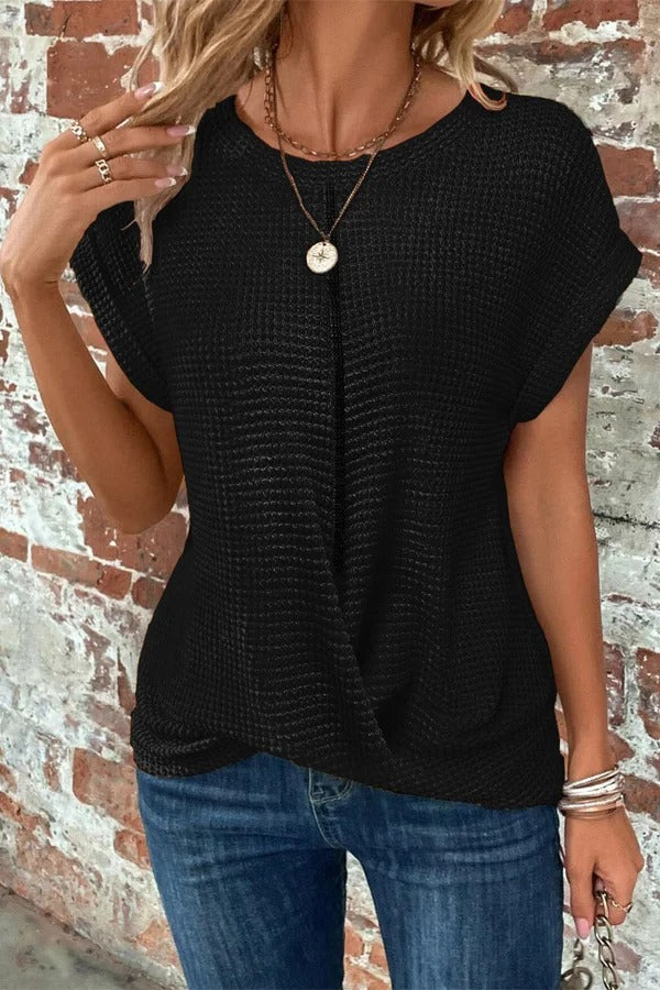 Solid Round Neck Short Sleeve Twisted Top