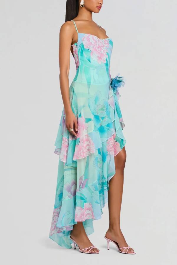 Vacation Floral Print Spaghetti Strap Backless Asymmetrical Ruffle Maxi Dress