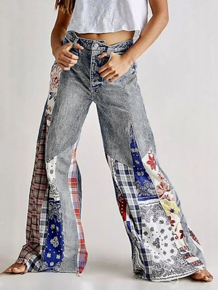 Vintage Denim Boho Patchwork Button High Waist Wide Leg Jeans