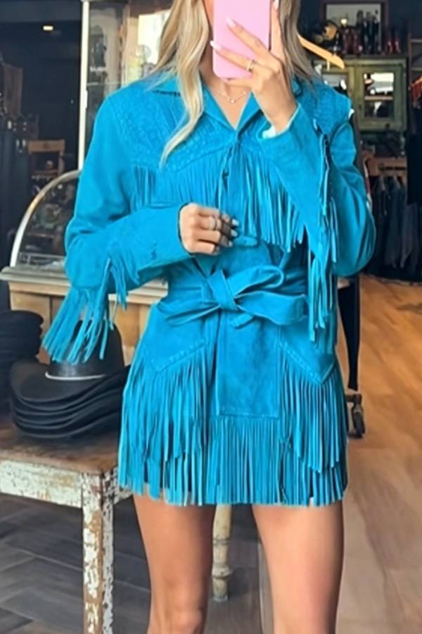 Western Style Lapel Fringe Waist‑Tie Mini Dress Coat