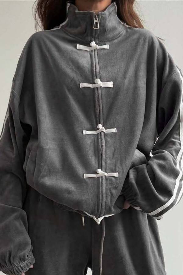 Chinese Frog Button Striped Tracksuit Two‑Piece Set