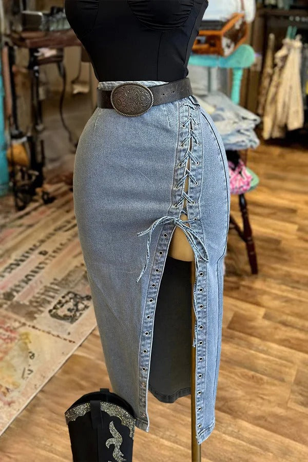 Vintage Washed Tie Up Slit Denim Midi Skirt