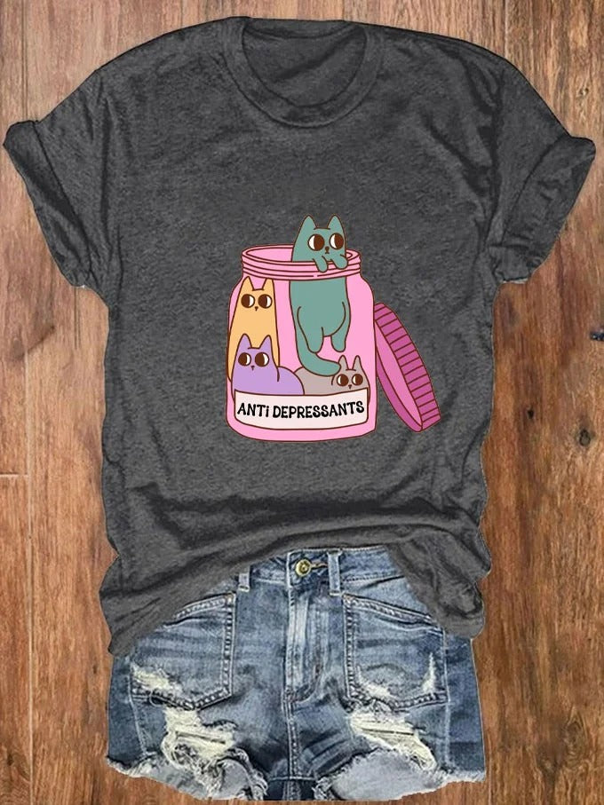 Women's Fun Cat Anti Depressants Mental Health Print T-Shirt