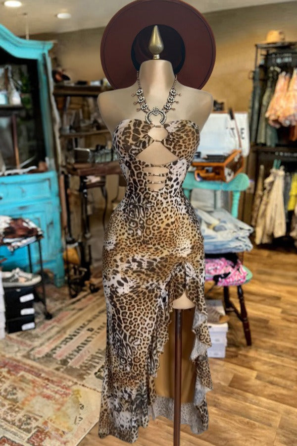 Strapless Leopard Print Cutout Ruffle Dress