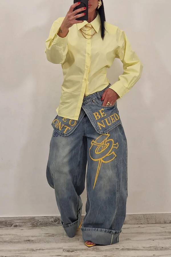 Trendy Letter‑Embroidered Fake Waistband Wide‑Leg Jeans