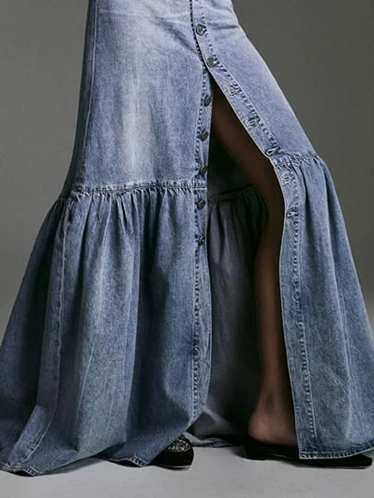 UR Casual Plain Spliced Pleated Slit Hem Denim Skirt