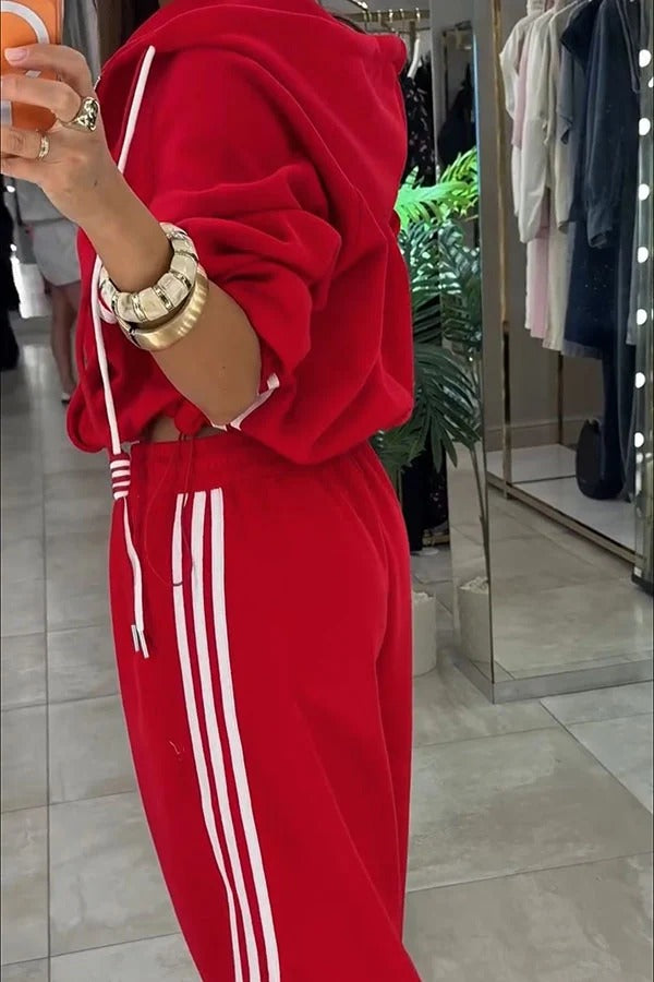 Fashionable Sporty Color-blocked Stripes Zip-up Hooded Sweatshirt and Elastic Waist Pocket Pants Set
