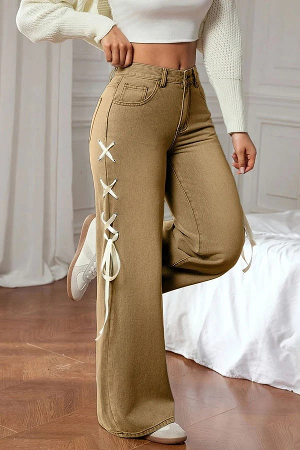 Fashionable Denim Mid Rise Side Ribbon Lace-up Pocket Wide Leg Jeans