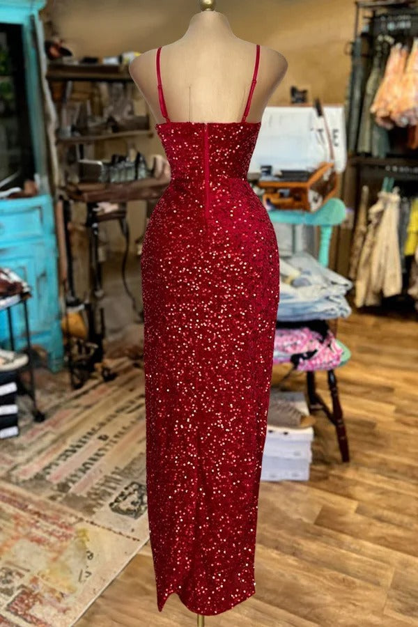 Shiny Strapless Slit Sequined Dress