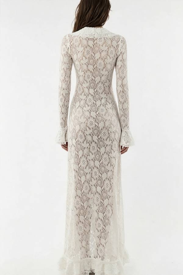 Vivianna Floral Lace Ruffles Trim Long Bell Sleeve Lapel Maxi Dress