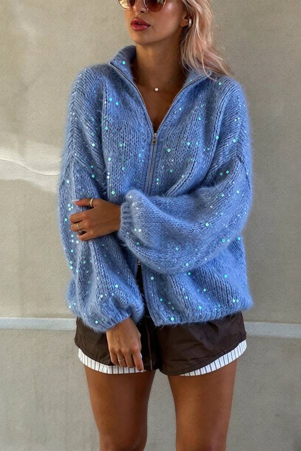 Relaxed Sequin Mohair-blend Knit High Neck Zipper Balloon Sleeve Cardigan