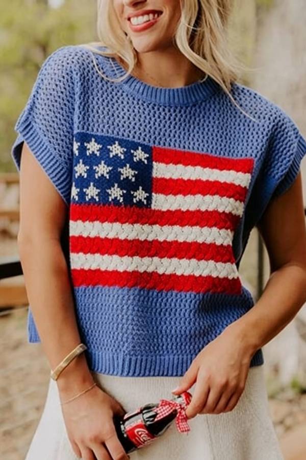 American Flag Hollow‑Out Knit Vest Top