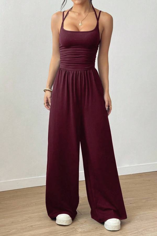 Halter Spaghetti Strap Ruched Wide Leg Jumpsuit Square Neck High Waist Casual Romper