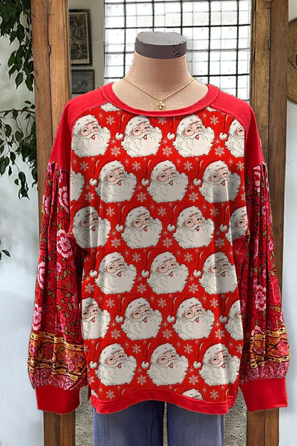 Santa Claus Panel Retro Printed Casual Top