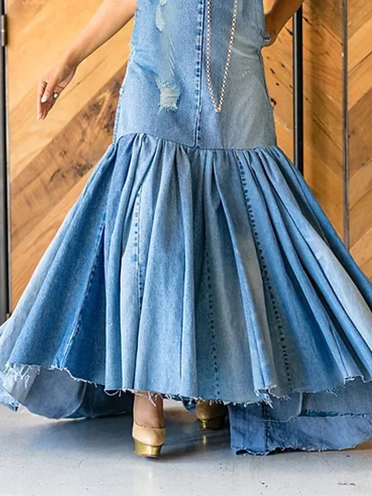 UR Fashion Ripped Denim Spliced Pleated Bow Maxi Halter Dress