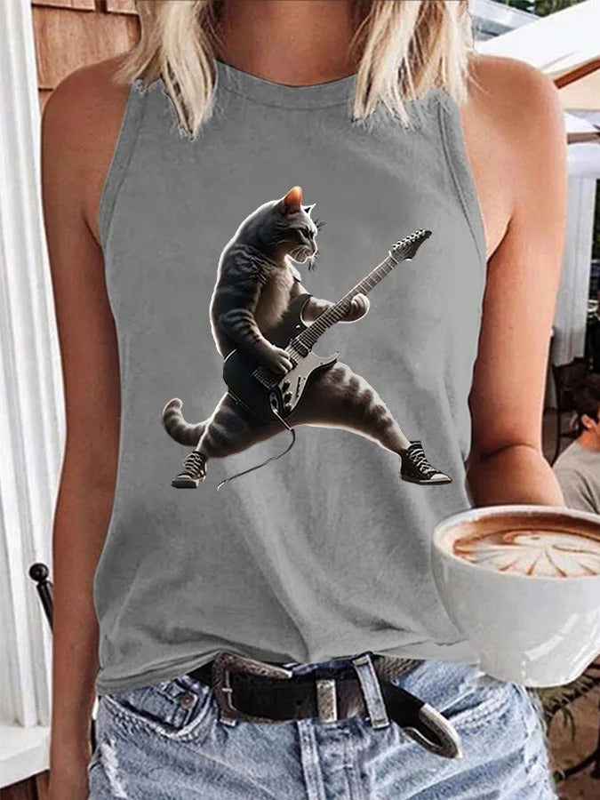 Women's Rock Cat Playing Guitar Casual Vest