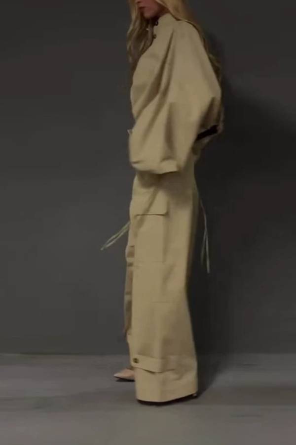 Khaki Stand Collar Drawstring Oversized Jacket & High Waist Wide-Leg Cargo Pants Two-Piece Set