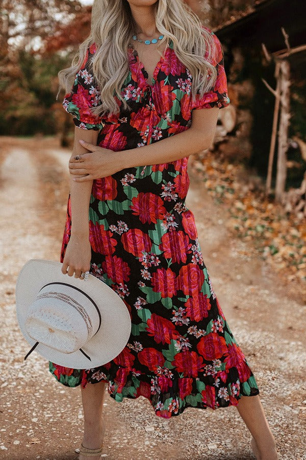 Floral Print Puff Sleeve Ruffle Dress