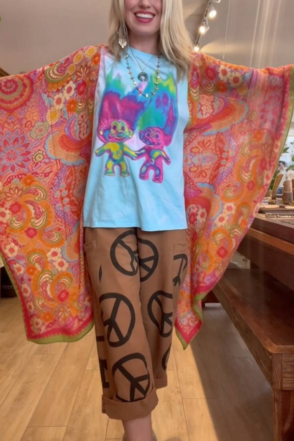 Colorful Troll Graphic Tee Paisley Kimono