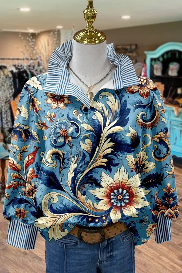 Floral Print Striped Collar Top