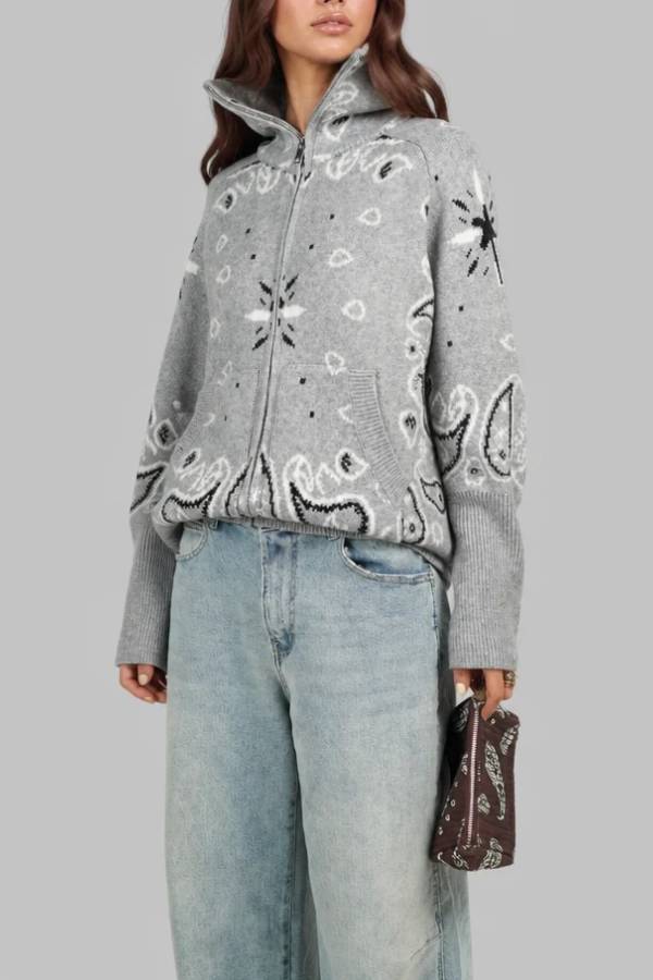 Paisley Bandana Print High Collar Zip Up Knit Cardigan