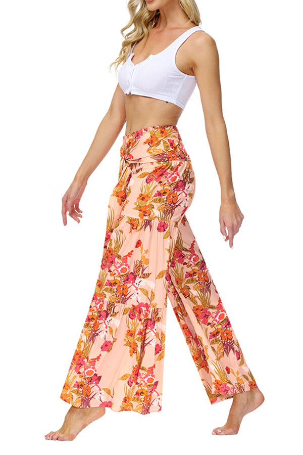 Printed Women's Loose Beach Wide Leg Lace-up Trousers