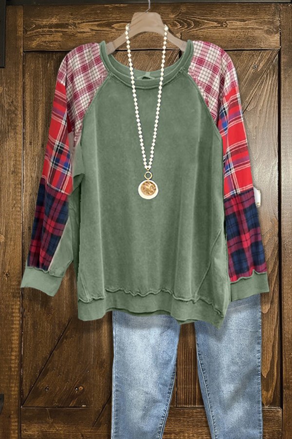 Casual Plaid Patchwork Retro Sweatshirt