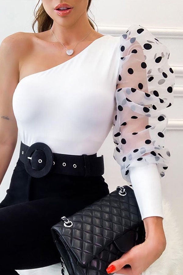 Oblique Collar Polka Dot Puff Sleeve T-Shirt