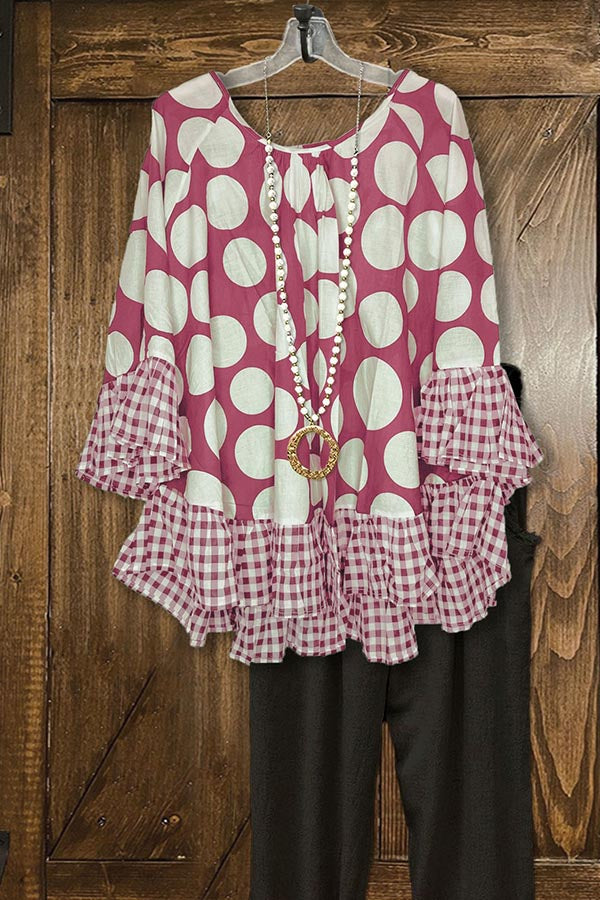 Polka Dot Paneled Plaid Ruffle Loose Top