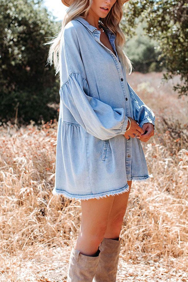 Madden Pocketed Chambray Button Down Denim Tunic Dress