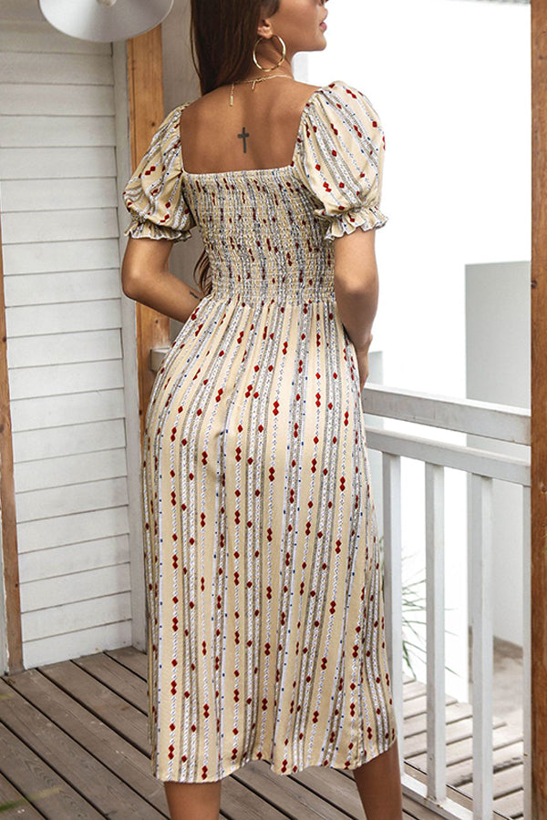 Grey Blue Summer New Print Bubble Sleeve Dress