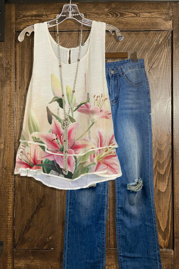 Casual Layered Ruffle Print Tank