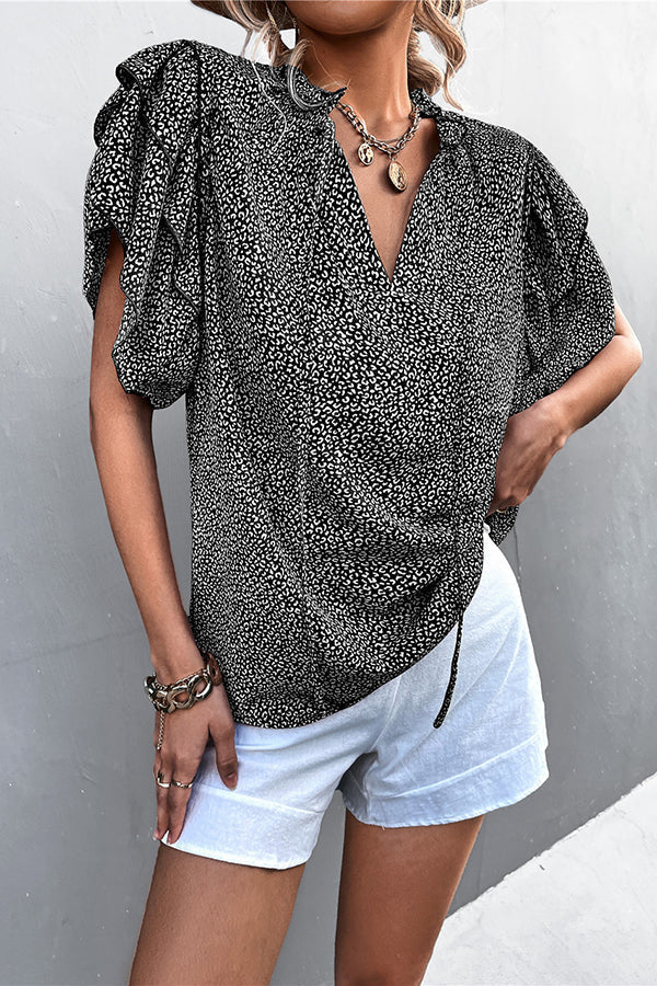 Women's Lace-up V-neck Leopard Print Top Casual T-shirt