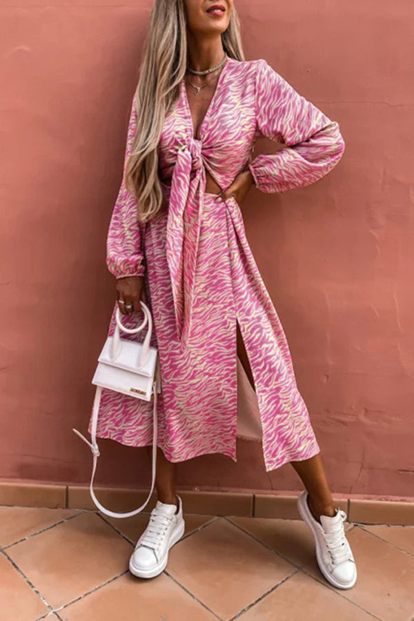 Printed Long Sleeve Loose Casual Slit Midi Dress