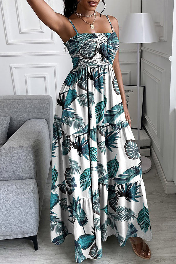 Leaf Print High Waist Suspender Maxi Dress