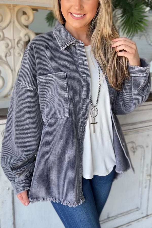 Grey Corduroy Frayed Hem Jacket