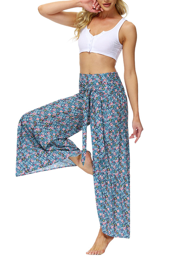 Printed Women's Loose Beach Wide Leg Lace-up Trousers