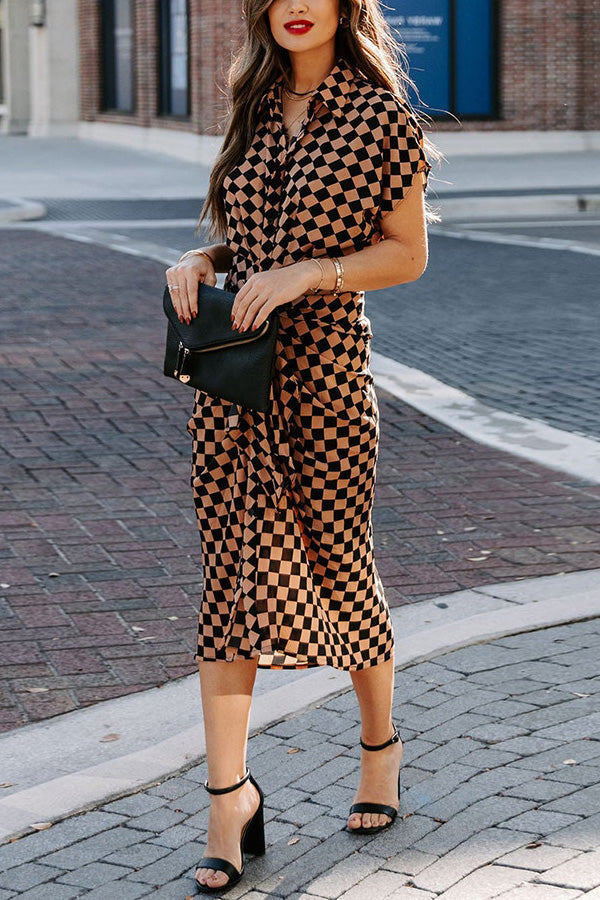 Plaid Tie Front Drape Midi Dress