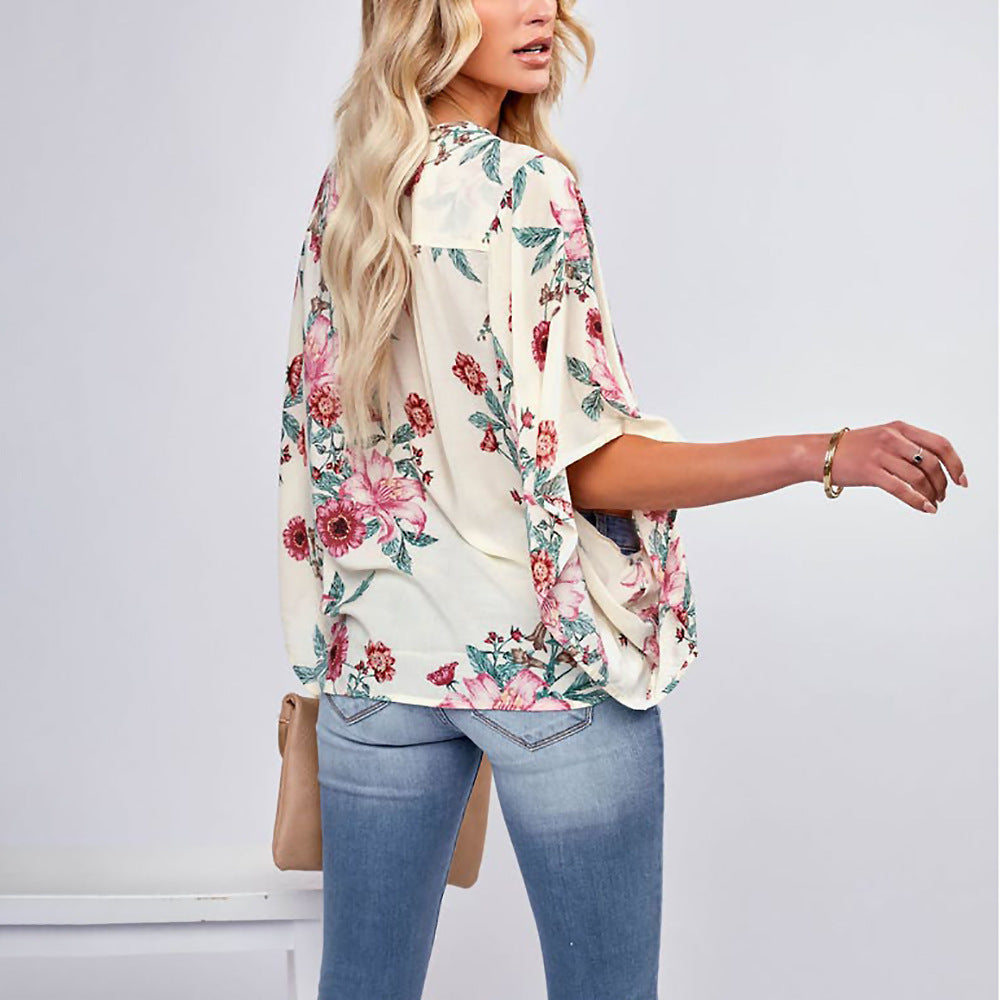 Printed Cardigan Doll Sleeve Casual Loose Shirt