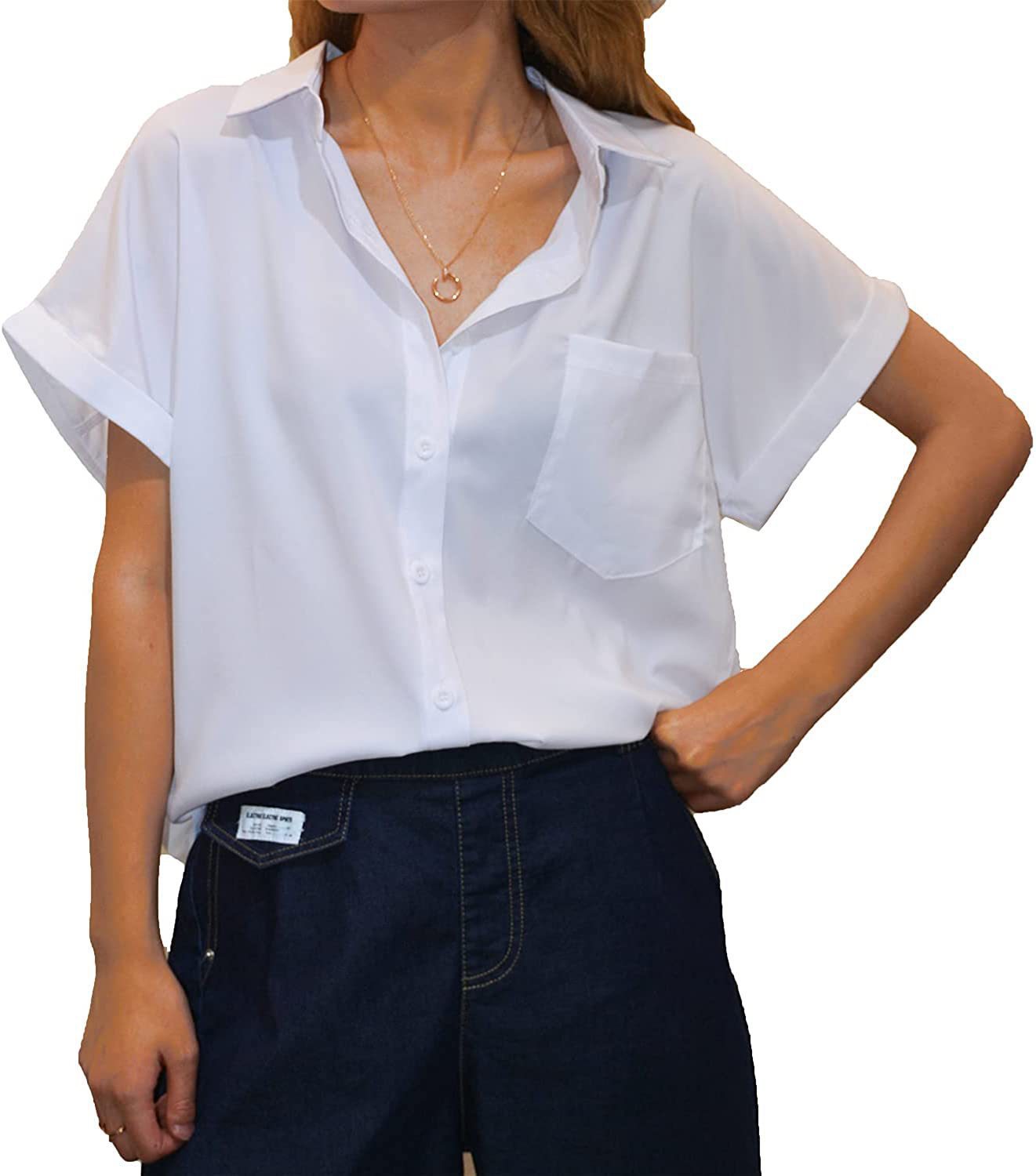 Women's Short-sleeved T-shirt V-neck Button-up Blouse