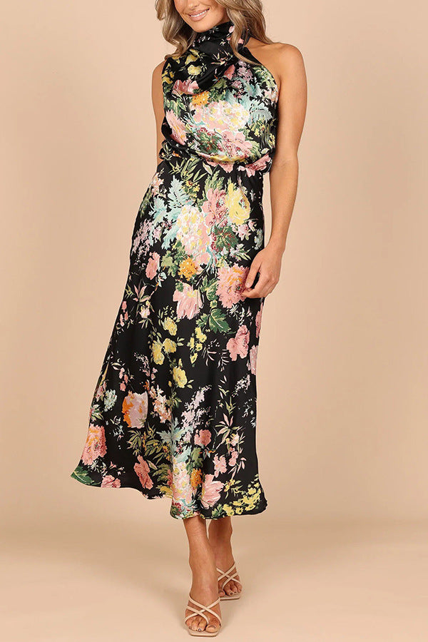 Wine Country Dates Floral Halter Neck Elastic Waist Maxi Dress