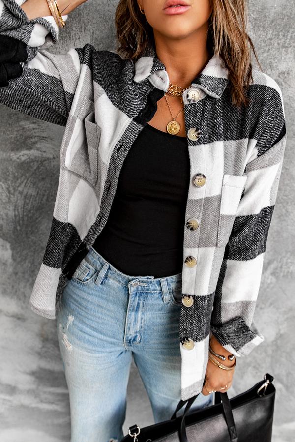 Plaid Color Block Buttoned Long Sleeve Jacket with Pocket