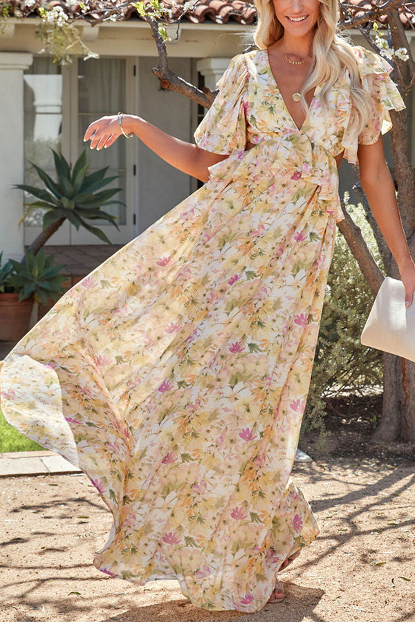 Dunes And Blooms Floral Ruffle Cutout Maxi Dress