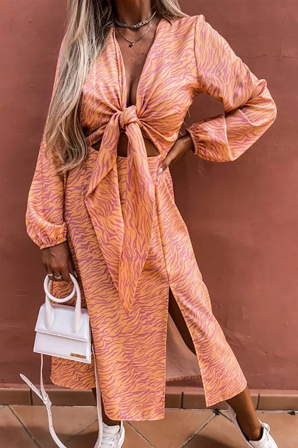 Printed Long Sleeve Loose Casual Slit Midi Dress