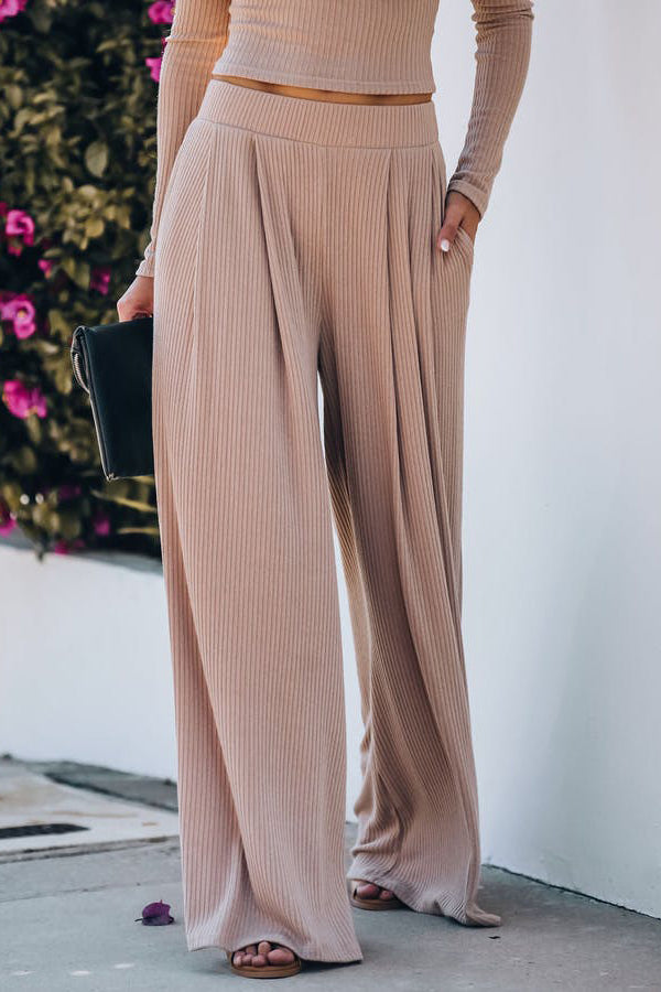 POCKETED RIBBED WIDE LEG PANTS