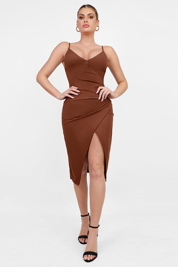 Built-In Shapewear Slip V-Neck Split Midi Dress