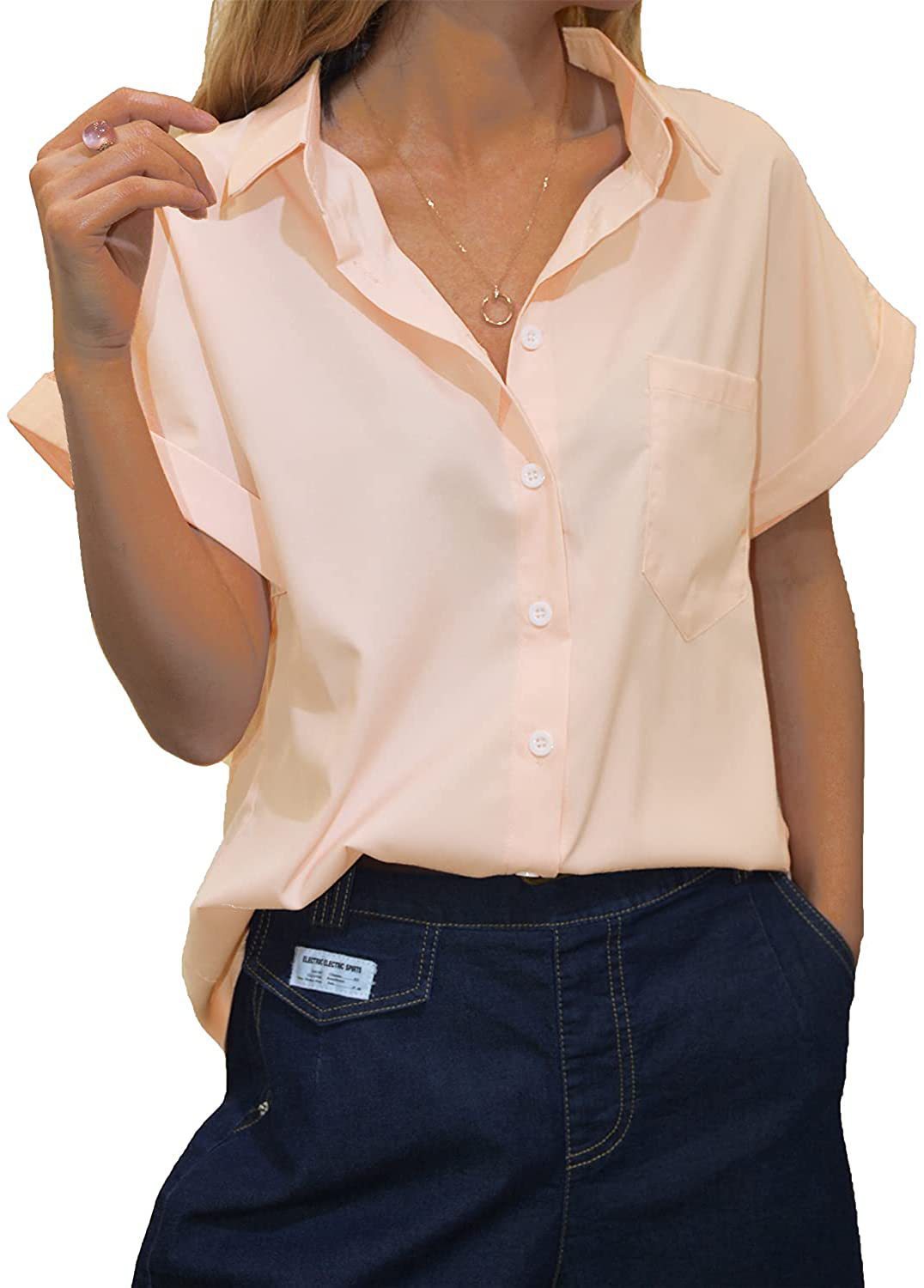 Women's Short-sleeved T-shirt V-neck Button-up Blouse