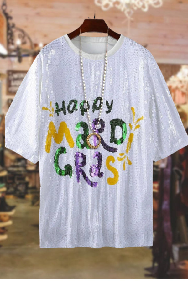 Sequin Happy Mardi Gras Shirt Dress