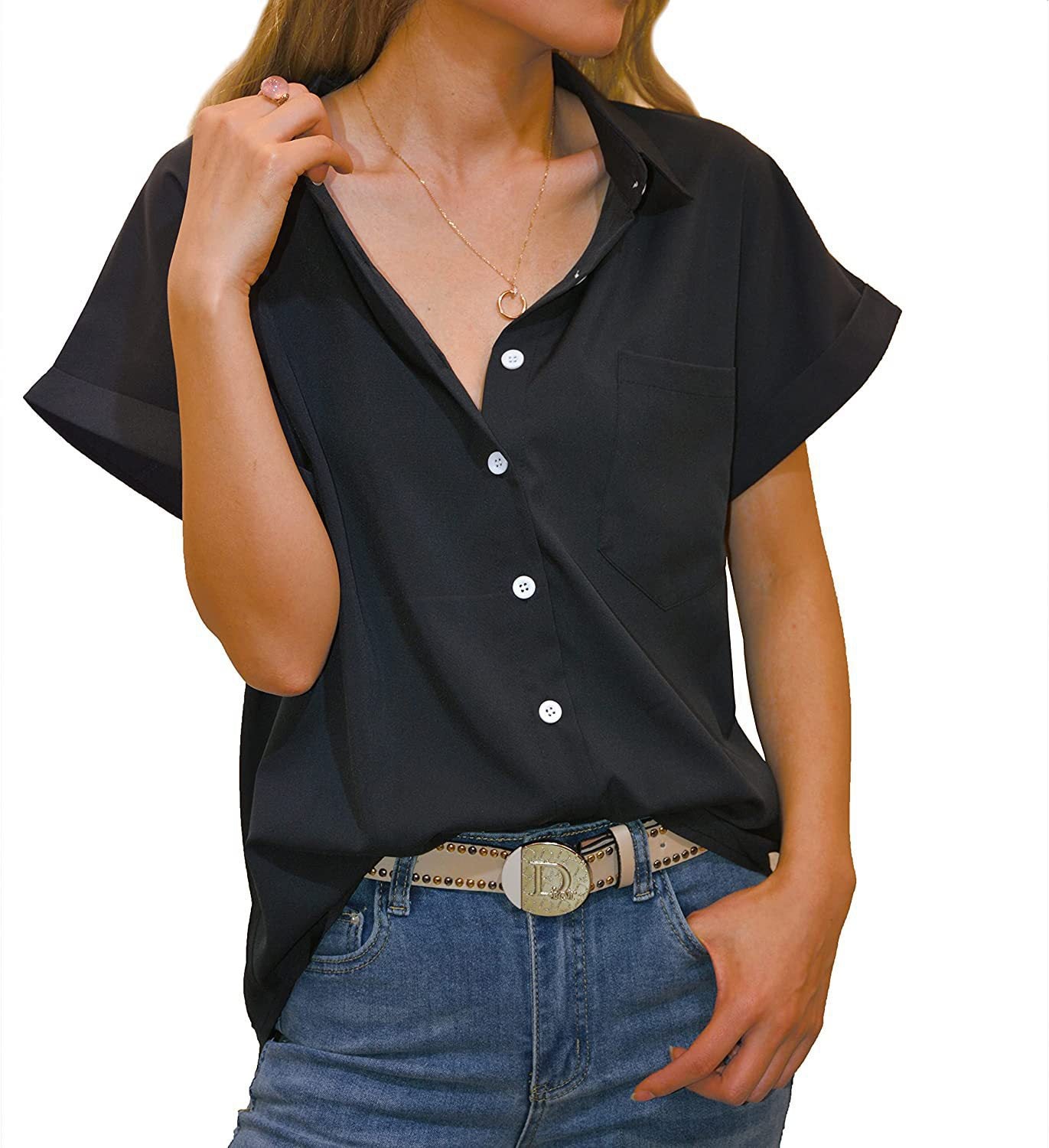 Women's Short-sleeved T-shirt V-neck Button-up Blouse